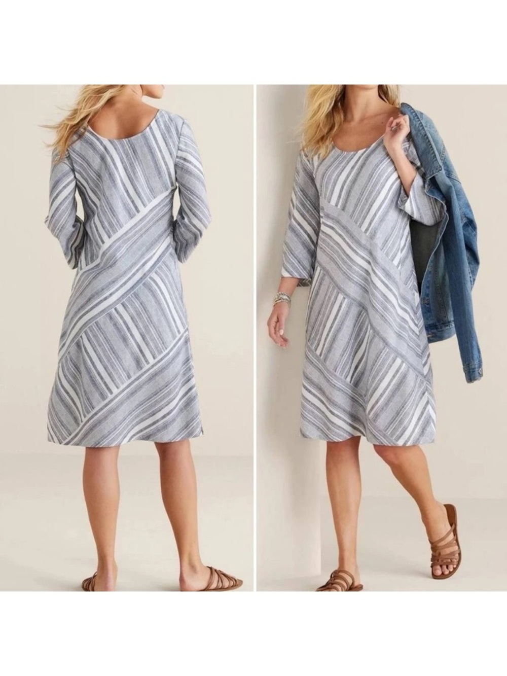 Soft Surroundings Linen Dress Medium Blue White Sonya Knee Length Striped